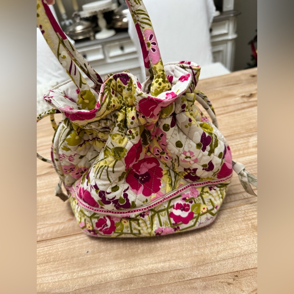Vera Bradley Pink, Green & Cream Quilted Drawstring Mini Tote